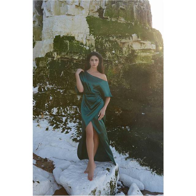 Goddiva Satin Drape Shoulder Wrap Maxi Dress - Emerald Green - 14