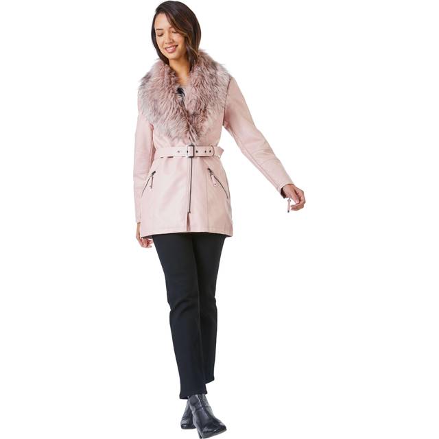 Longline Faux Leather Belted Coat - Pink - 12