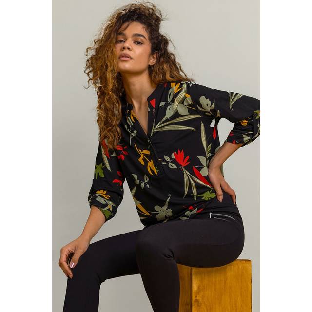 Floral Print Notch Neck Top - Black - Size 18 - Roman