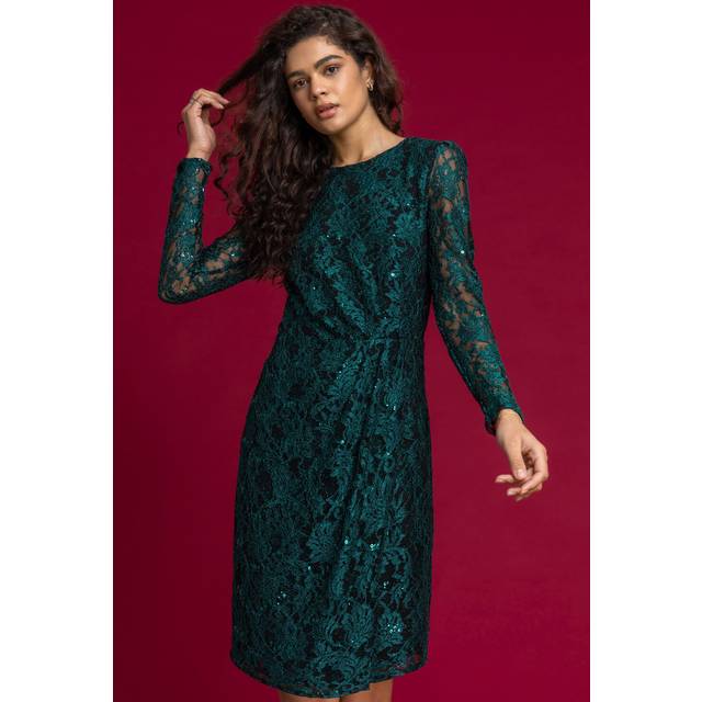 Roman Teal Sequin Ruched Lace Wrap Dress - Size 12
