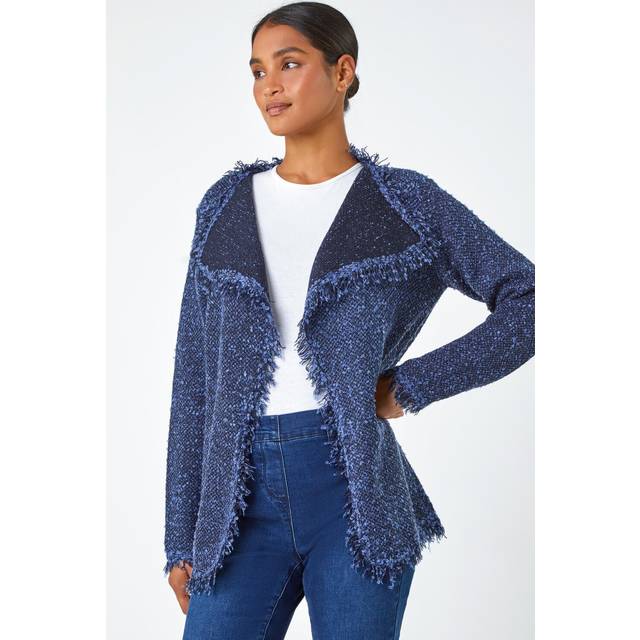 Fringed Boucle Contrast Cardigan - Denim - 16