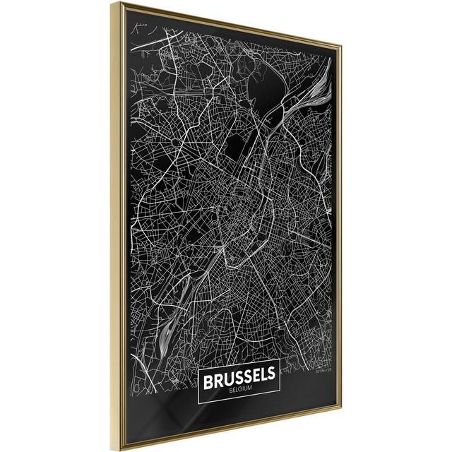 Inramad Poster / Tavla - City Map: Brussels (Dark) - 20x30 Guldram