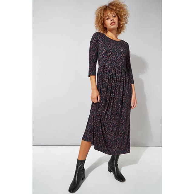 Ditsy Print 3/4 Sleeve Midi Dress - Black - 18