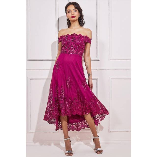 Bardot Sequin & Lace High Low Midi - Magenta by Goddiva - 18