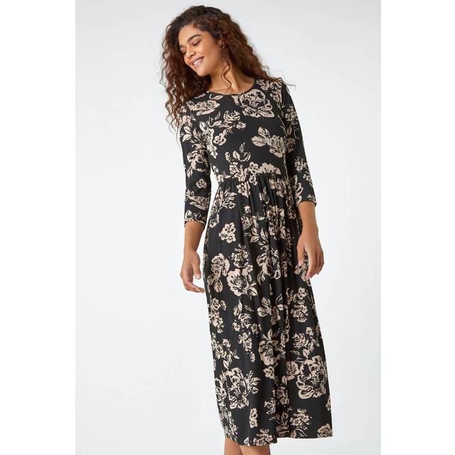 Roman Floral Pocket Stretch Midi Dress In Black - 18