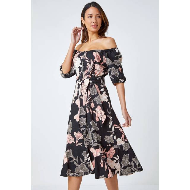 Roman Womens Floral Linen Blend Bardot Midi Dress - Black - Size 10 UK