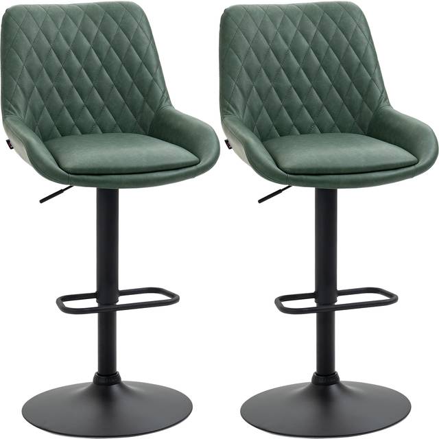 Homcom Retro Bar Stools Set Of 2, Adjustable Kitchen Stool, Upholstered Bar Chairs With Back, Swivel Seat, Green