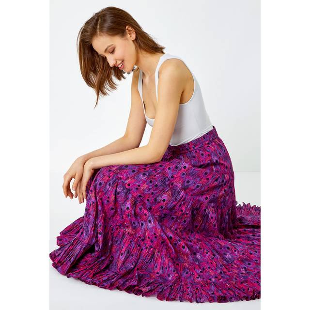 Feather Print Tiered Cotton Maxi Skirt - Fuchsia - 12