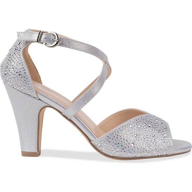 Paradox London Kesha Silver Shimmer Block Heel Ankle Strap Sandals