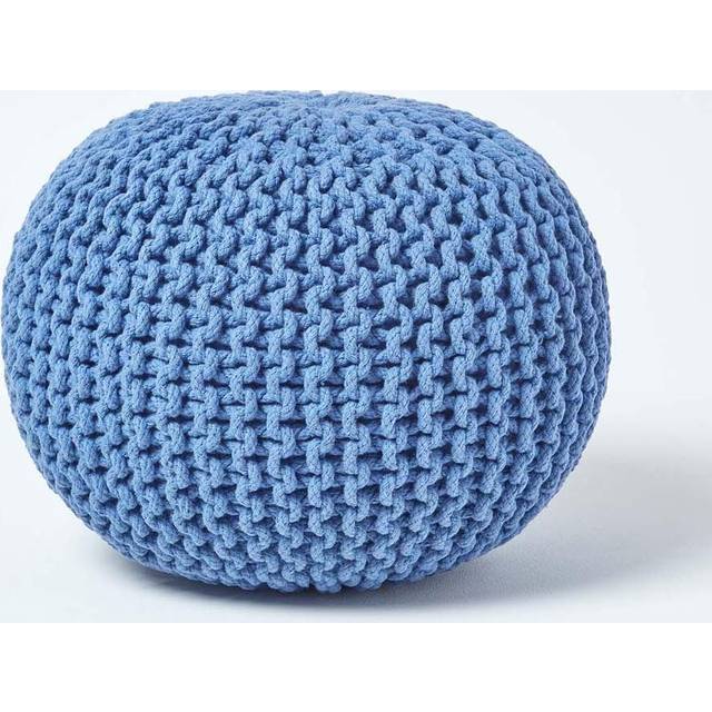 Homescapes Blue Knitted Cotton Pouffe Footstool Round 35 x 40 cm
