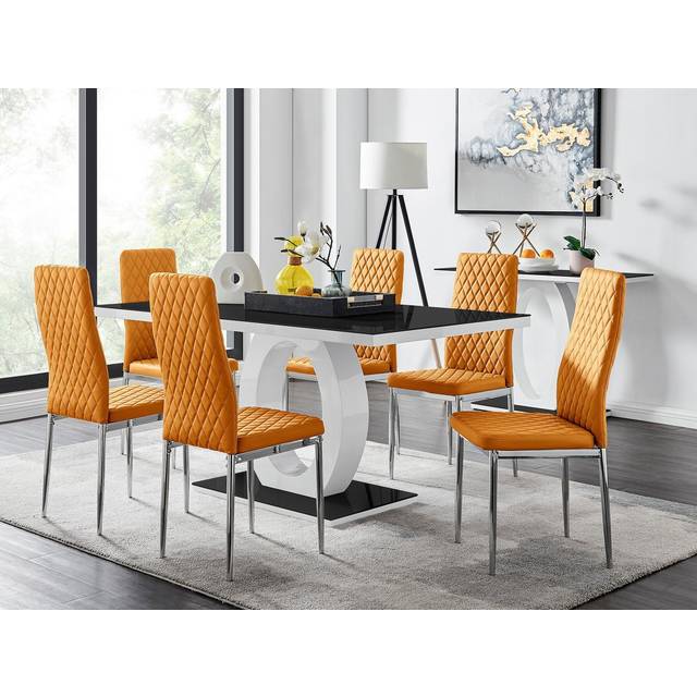 Giovani Rectangular 6 Seat White High Gloss Unique Halo Dining Table Black Glass Top 6 Faux Leather Silver Leg Milan Chairs - Mustard - One Size