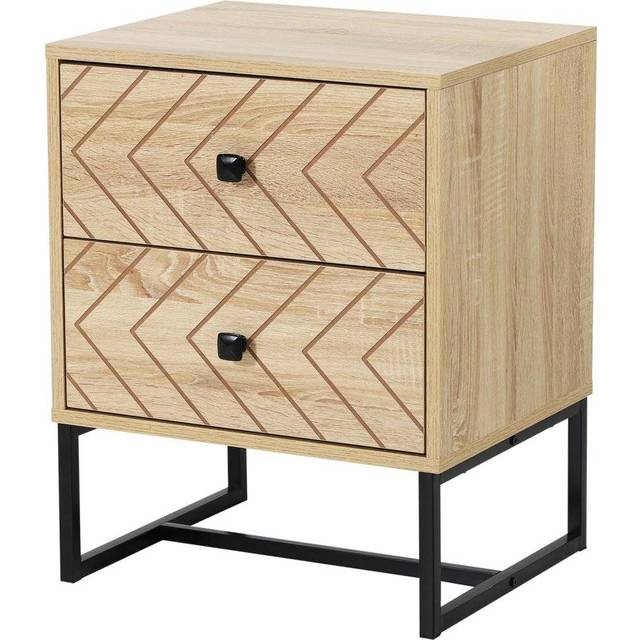 Bedside Table 2 Drawer Unit Zig Zag Design w/ Black Metal Handles Melamine Finish - Home Living | TJ Hughes Natural