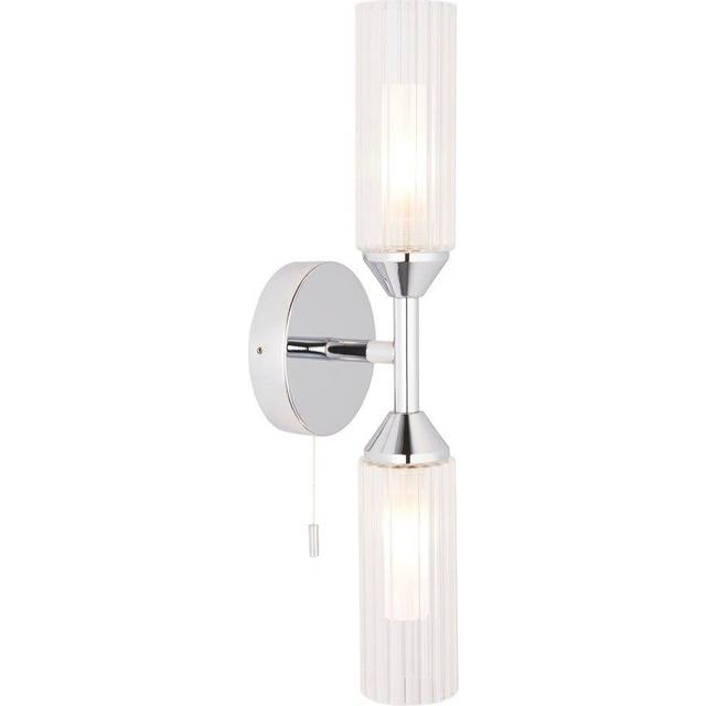 Chrome Plated Twin Bathroom Wall Light - Ribbed Glass Shade & Frosted Diffuser