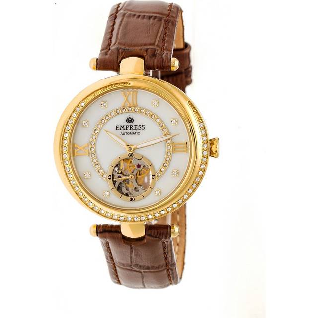 Empress Womens Stella Automatic Semi-Skeleton MOP Leather-Band Watch - Brown Stainless Steel - One Size