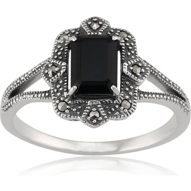 Art Deco Style Baguette Black Spinel & Marcasite Ring in Silver