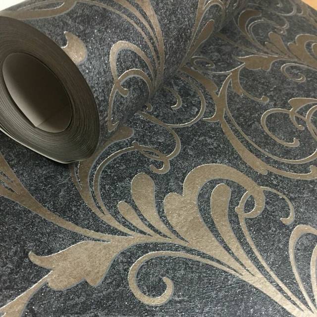 Rasch Scroll Charcoal Black Metallic Bronze Glitter Textured Wallpaper 301861