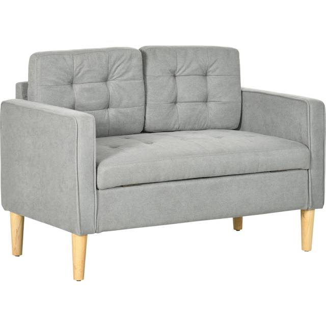 Homcom Modern 2 Seater Sofa With Hidden Storage, 117cm Tufted Cotton Couch, Compact Loveseat Sofa With Wood Legs, Light Grey