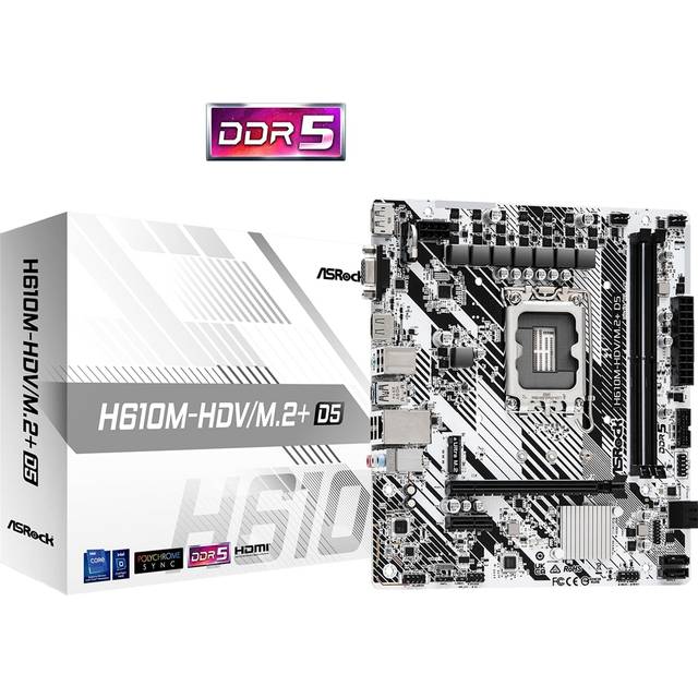 Asrock H610M-HDV/M.2+ D5, Intel H610, 1700, Micro ATX, 2 DDR5, VGA, HDMI, DP, PCIe4, 1x M.2