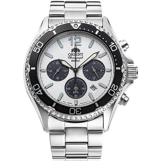 Orient Sports Panda Chronograph Stainless Steel White Dial Solar Diver&#39;s RA-TX0203S10B 200M Men&#39;s Watch