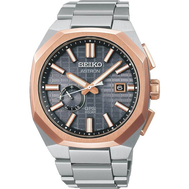 Seiko Astron SSJ014J1 GPS Solar Men's Watch - Black Dial, Rose Gold-Tone Bezel, Titanium Bracelet