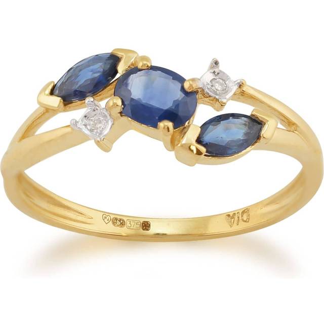 Contemporary Marquise Light Blue Sapphire & Diamond Three Stone Ring in 9ct Yellow Gold