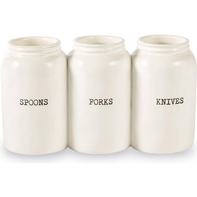 Mud Pie Farmhouse Ceramic Triple Utensil Holder, White