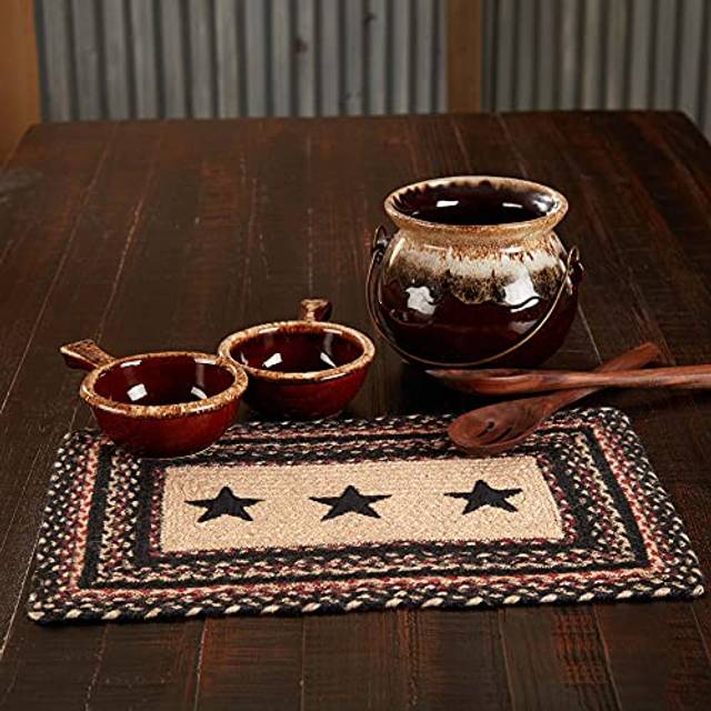VHC Brands Primitive Colonial Star Table Placemat  Tan Black Red  Jute Blend  Rectangle  12x18 Inches