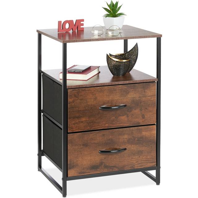 Relaxdays Night Stand, Side Table, 2 Drawers, H x W x D: approx. 70 x 45 x 40 cm, Metal & MDF, Black/Brown