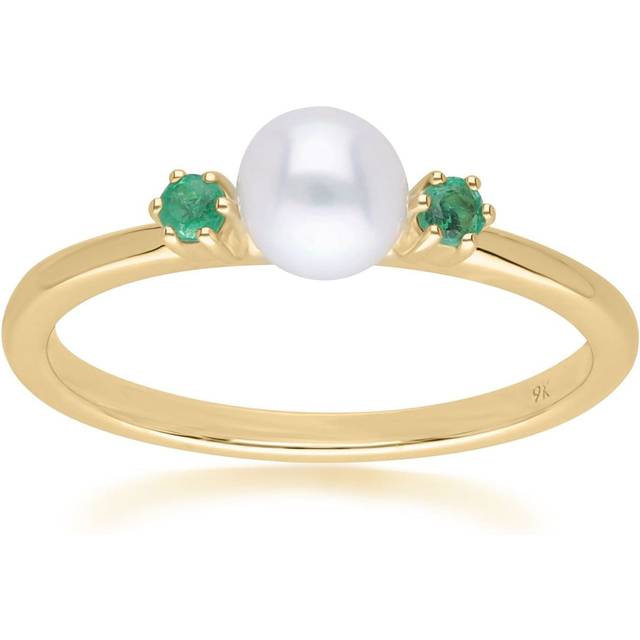 Modern Pearl & Round Emerald Ring in 9ct Yellow Gold