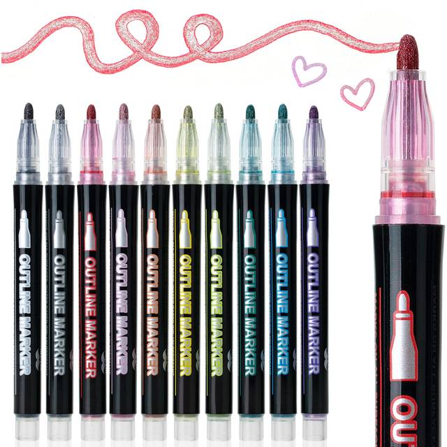 Mr Pen- Double Line Outline Markers  10 colors  Shimmer Markers  Outline Markers Self-Outline Metallic Markers  Outline Pens  Metallic Outline Markers