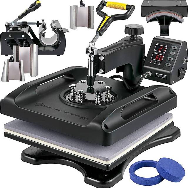 VEVOR 1200 W Hitzepresse 8 in 1 T-Shirtpresse 38 x 38 cm Schwarz Transferpresse Hei&#xDF;presse T-Shirt zum Aufbringen von Buchstaben Zahlen und Mustern