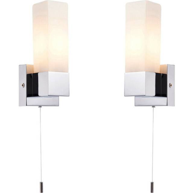 2 PACK IP44 Bathroom Wall Light Chrome & Frosted Glass Modern Rectangle Fitting