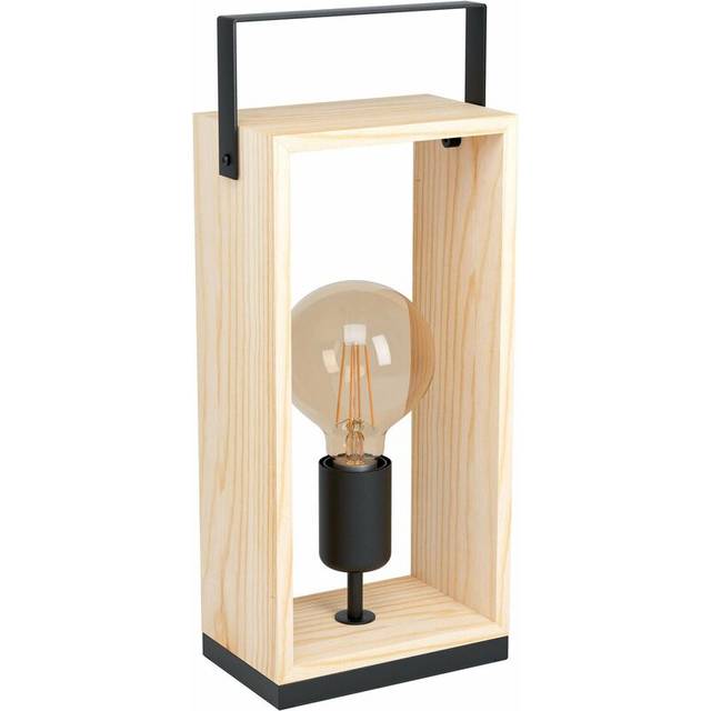 Table Lamp Desk Light Black & Natural Steel & Wood Box 1 x 40W E27 Bulb