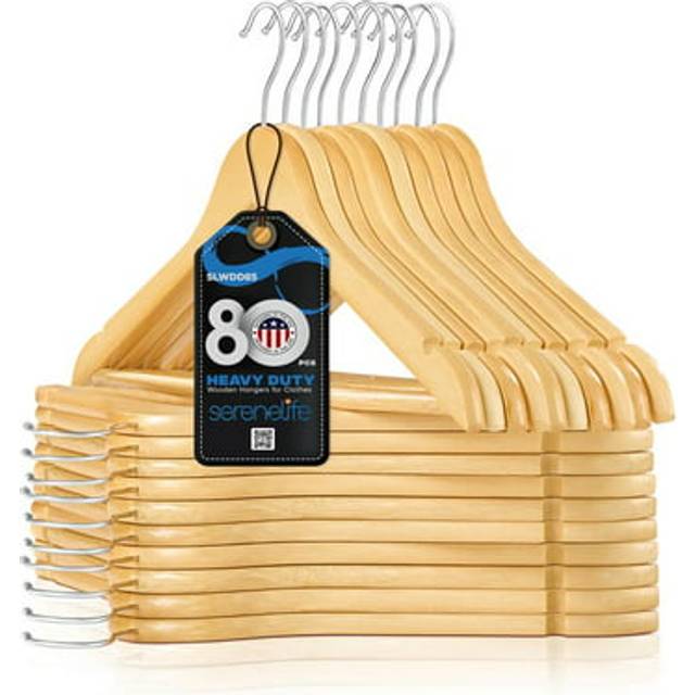 SereneLifeHome Solid Wooden Hangers, Mega Pack, 80 Pieces Hangers for Clothes, Heavy Duty Suit Hanger Set with Chrome 360 Degree Swivel Hook, Notched