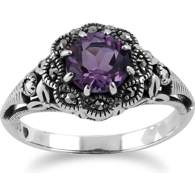 Art nouveau style round amethyst & marcasite floral ring in 925 sterling silver
