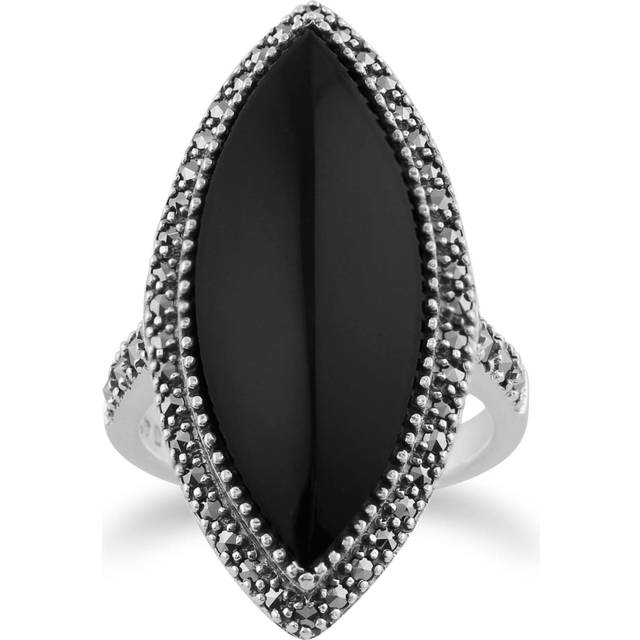 Art Deco Style Marquise Black Onyx & Marcasite Statement Ring in 925 Sterling Silver