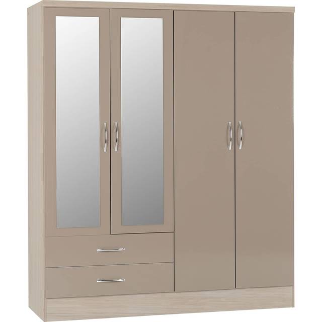 Nevada 4 Door 2 Drawer Wardrobe - Oyster Gloss, Light Oak - Brown