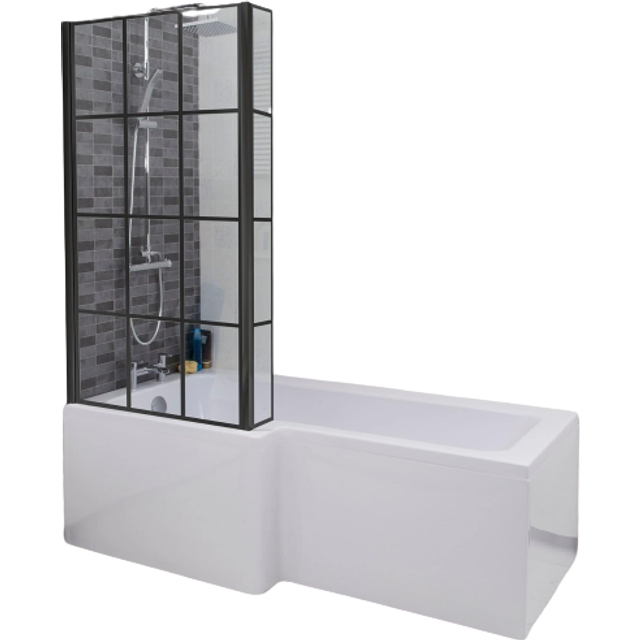 Bathroom L Shaped Bath Black Grid Shower Screen LH Front Panel White 1500mm