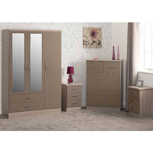 Seconique Nevada 3 Door 2 Drawer Wardrobe Bedroom Set - Oyster Gloss/Light Oak Effect Veneer, Brown