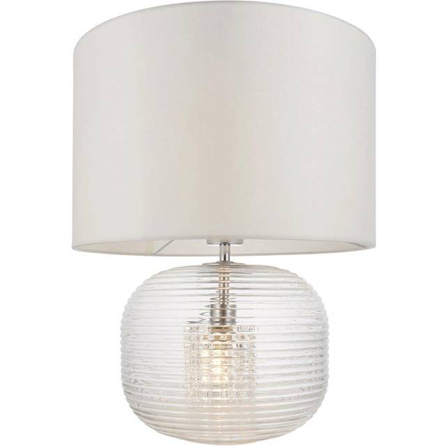 Clear Ribbed Glass Twin Lit Table Lamp Light & Vintage White Fabric Shade