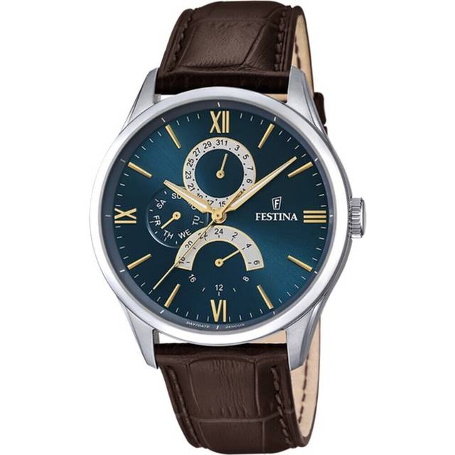 Festina F16823/a Men's Retrograde Watch - Blue Dial, Brown Leather Strap