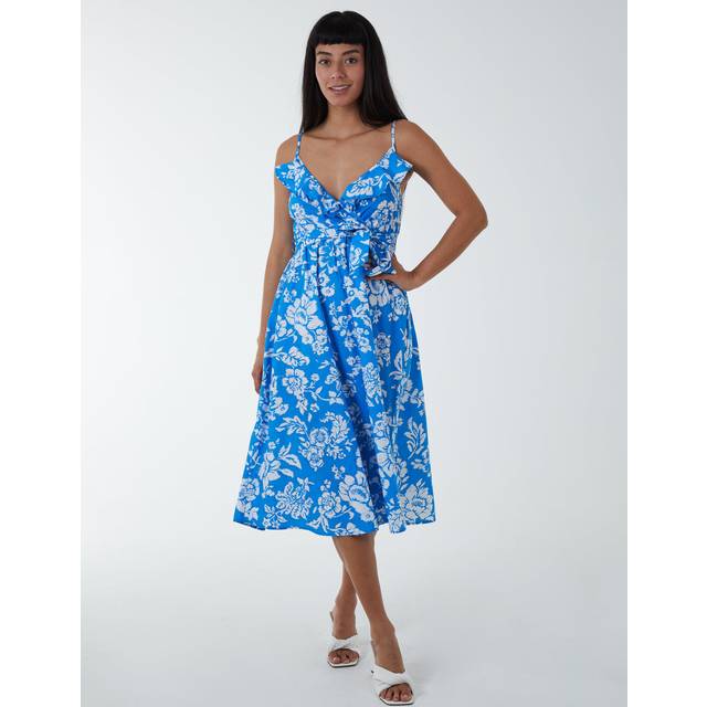 Blue vanilla womens ruffle wrap front cami dress