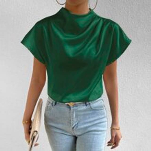 RosyDaze Mock Neck Batwing Sleeve Satin Blouse,Short Sleeve Tops