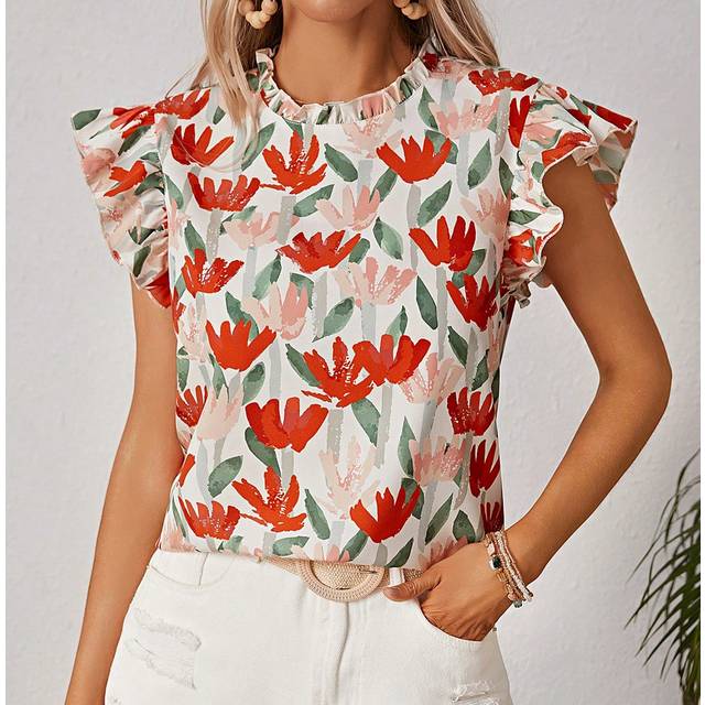 SHEIN Artist Boho Bohemian Women Vacation Floral Print Ruffle Trim Blouse, For Summer, Holiday, Beach, Festival, Ibiza Fits, Western Wear