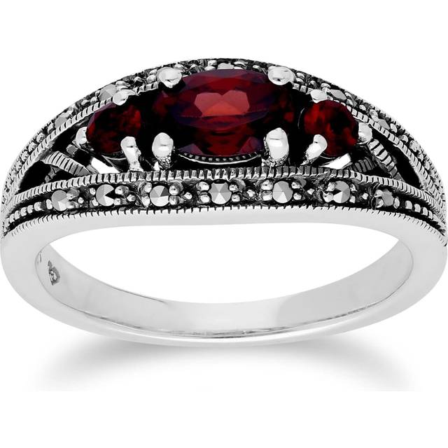 Art Deco Style Oval Garnet & Marcasite Three Stone Ring in 925 Sterling Silver