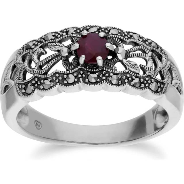 Art Nouveau Style Round Ruby & Marcasite Floral Band Ring in Sterling Silver
