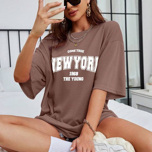 INAWLY Letter Graphic Drop Shoulder Tee Graphic Tees Women Tops