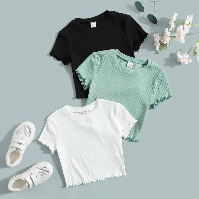 SHEIN Tween Girl 3pcs Lettuce Trim Rib-Knit Tee