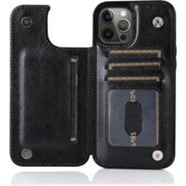 Lyxigt hållbart läderplånboksfodral kompatibelt med 16e 16 15 14 13 12 11 Pro Max SE X XR XS Max 8 7 6 6S Plus kompatibelt med Galaxy S25 S24 S23 S22 - Svart (Multi-size)