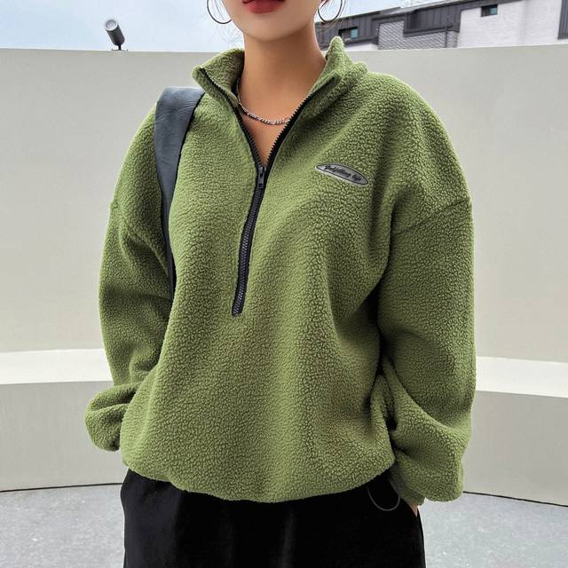 DAZY Patched Detail Drop Shoulder Half Zip Fleece Sweatshirt,Long Sleeve Tops